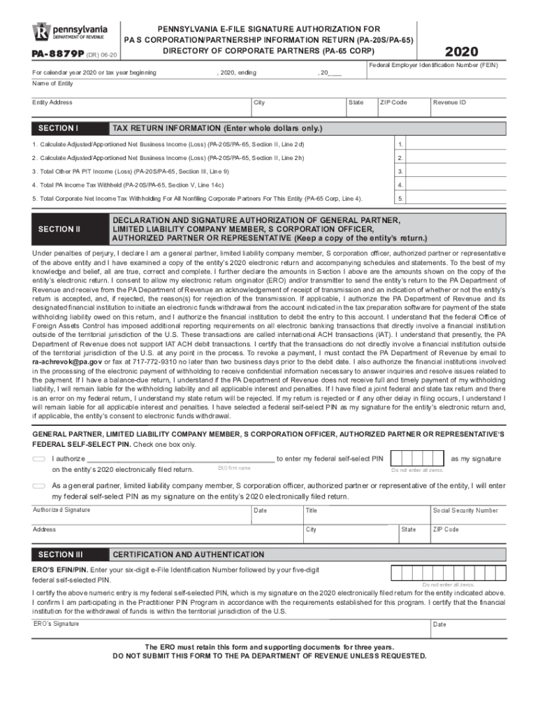 Pennsylvania PA E-File Signature Authorization for PA S Preview on Page 1