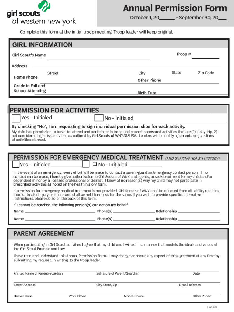 Fillable Online Annual Permission and Health History Form Girl Scouts