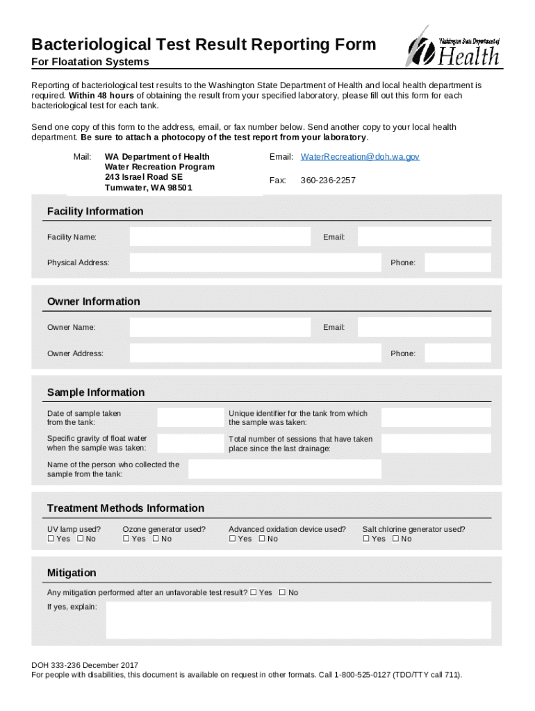 Bacteriological Test Result Reporting For Floatation Systems Doc