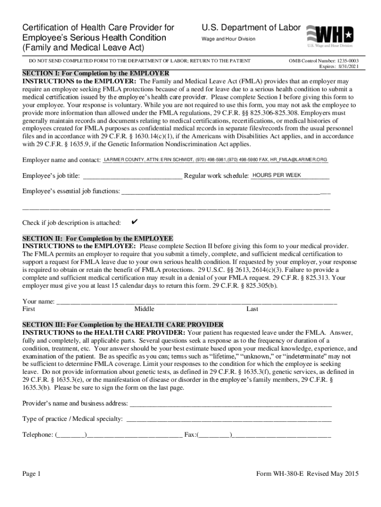 Fillable Online FMLA Certification of Health Care Provider for Employee ...