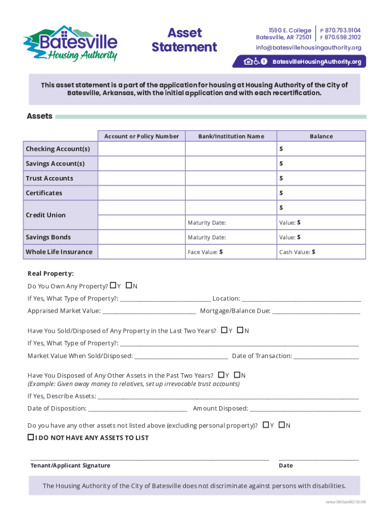 Fillable Online Batesville Housing Authority Asset Statement Fax Email