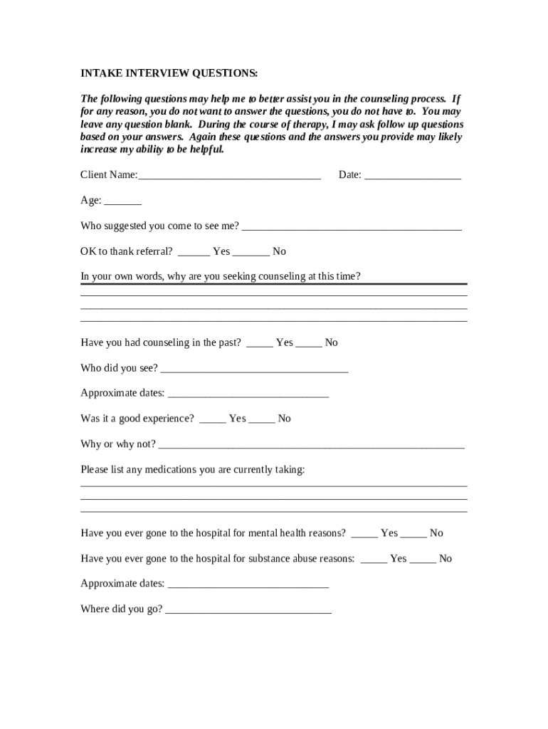 INTAKE INTERVIEW QUESTIONS Doc Template | pdfFiller
