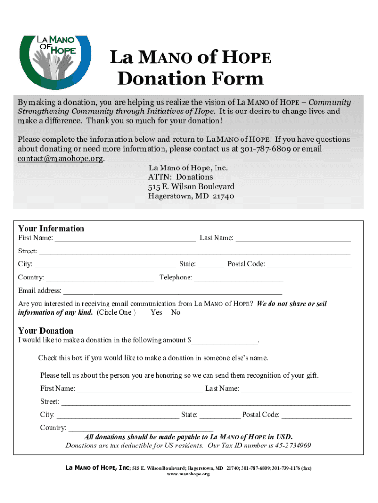 Fillable Online La MANO of HOPE Donation Form Fax Email Print pdfFiller