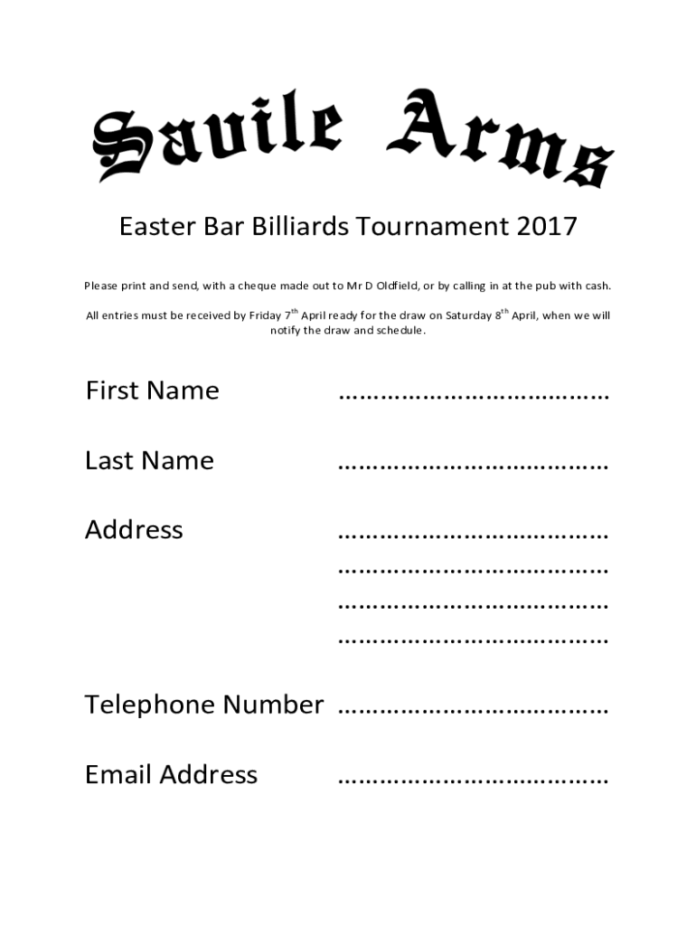 Fillable Online Bar Billiards Form Fax Email Print pdfFiller