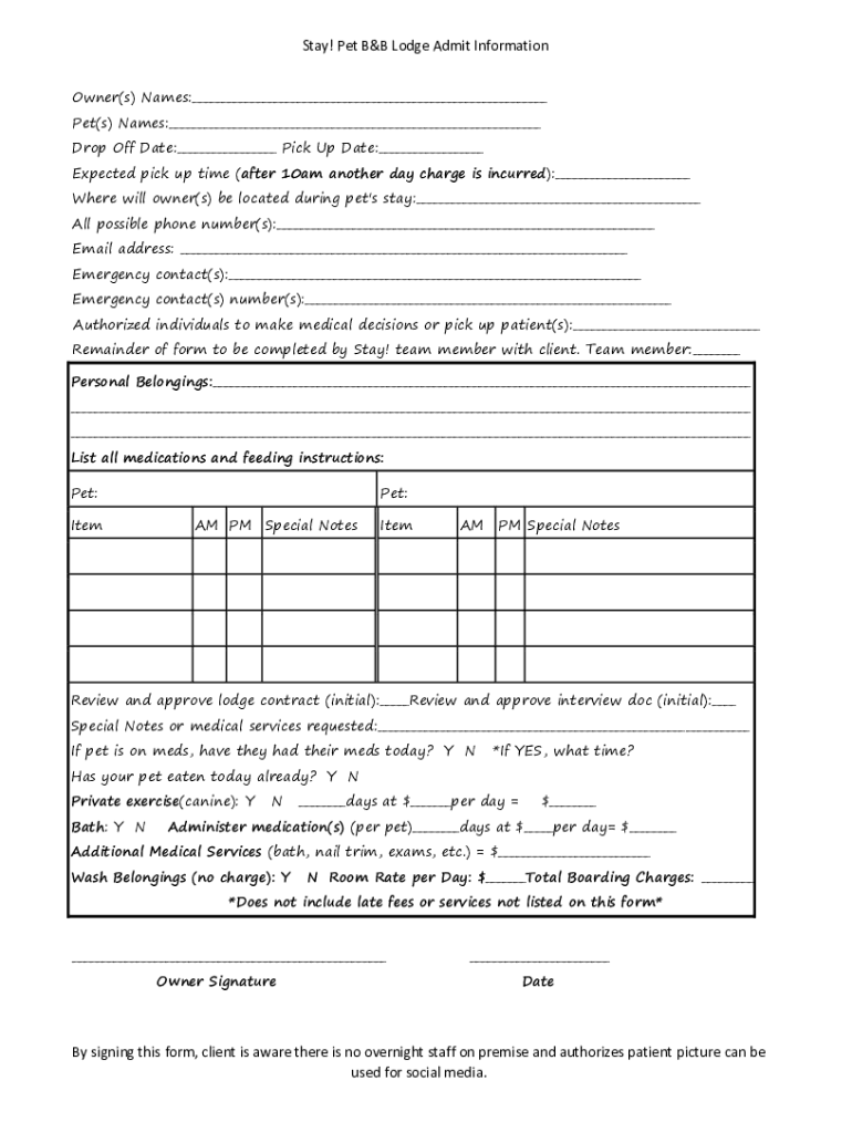 Fillable Online The Pet Lodge Boarding Contract The Pet Lodge Of
