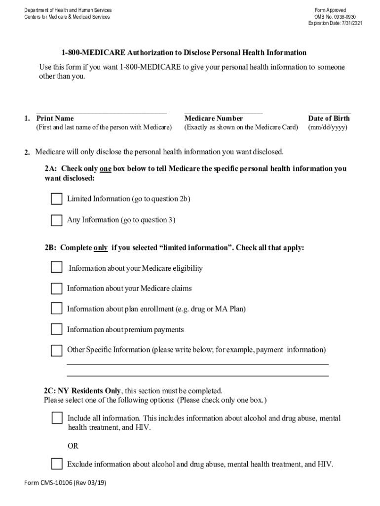 CMS10106 1-800-MEDICARE Authorization to Disclose Personal Health Information Form Preview on Page 1