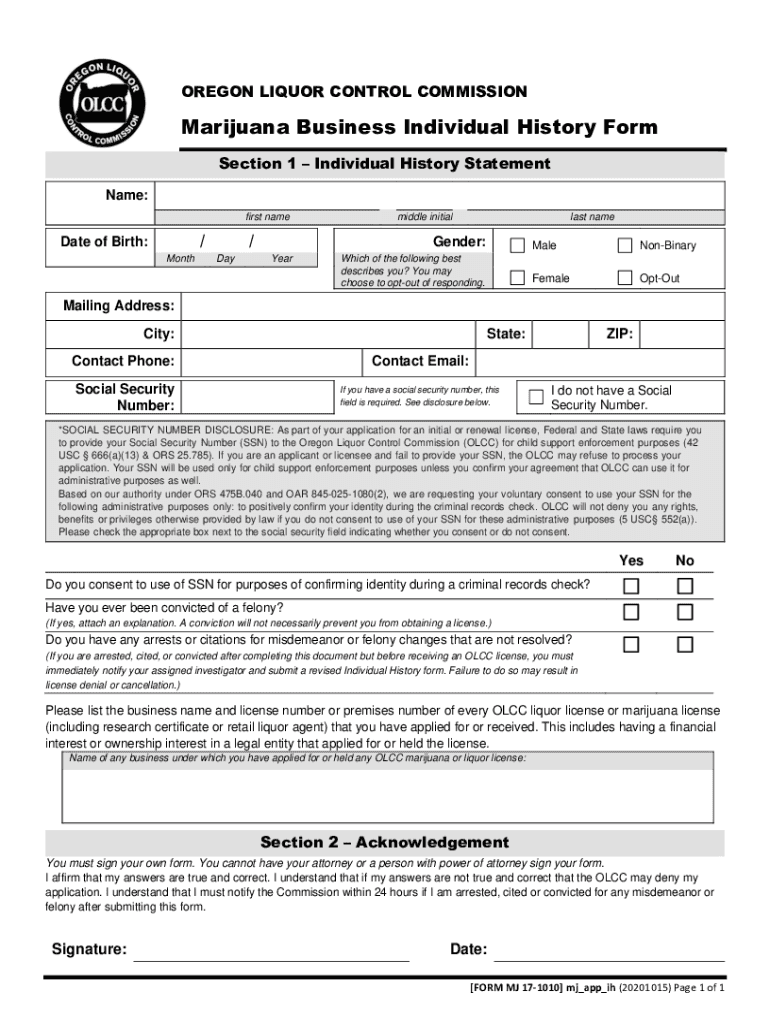 Marijuana Business Individual History Form Preview on Page 1