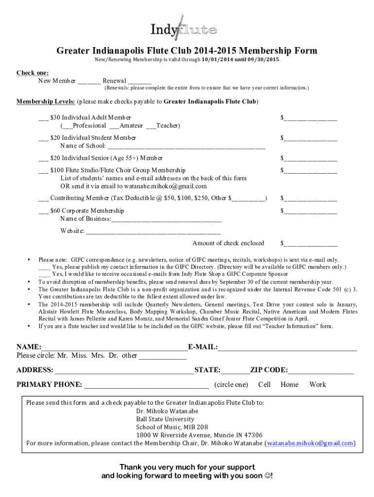 Fillable Online Greater Indianapolis Flute Club 20142015 Membership Form Fax Email Print