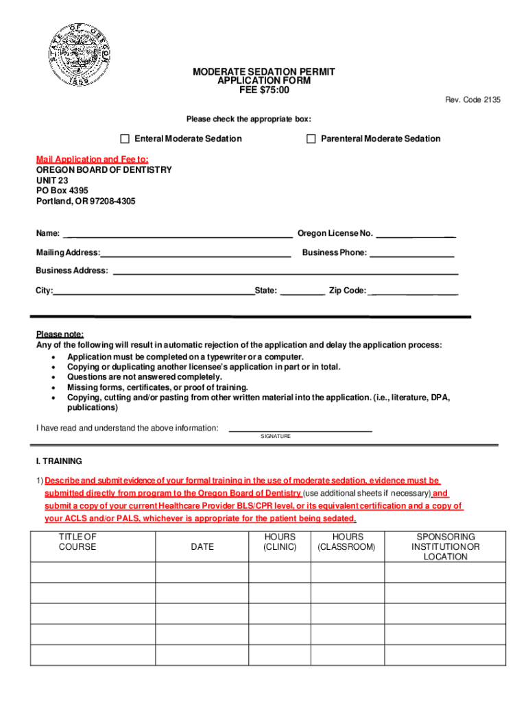Moderate Sedation Permit Application - State of Oregon Preview on Page 1