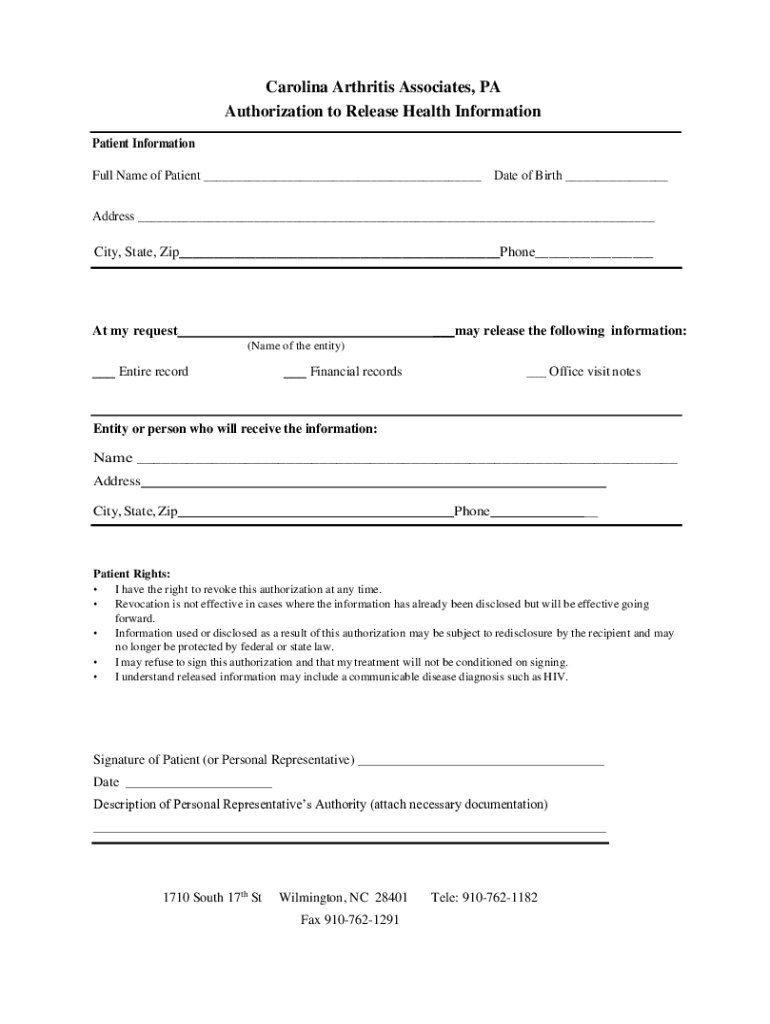 Fillable Online Carolina Arthritis Associates, PA Authorization to