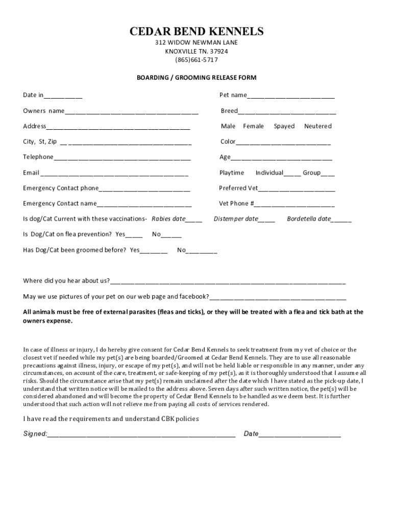 Fillable Online Cedar Bend Kennels 312 Widow Newman Ln Knoxville, TN