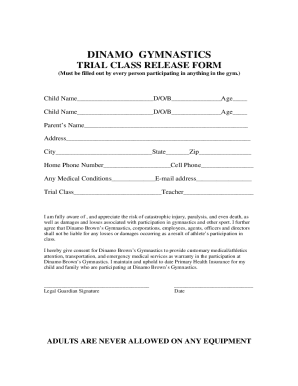 DINAMO GYMNASTICS TRIAL CLASS RELEASE FORM