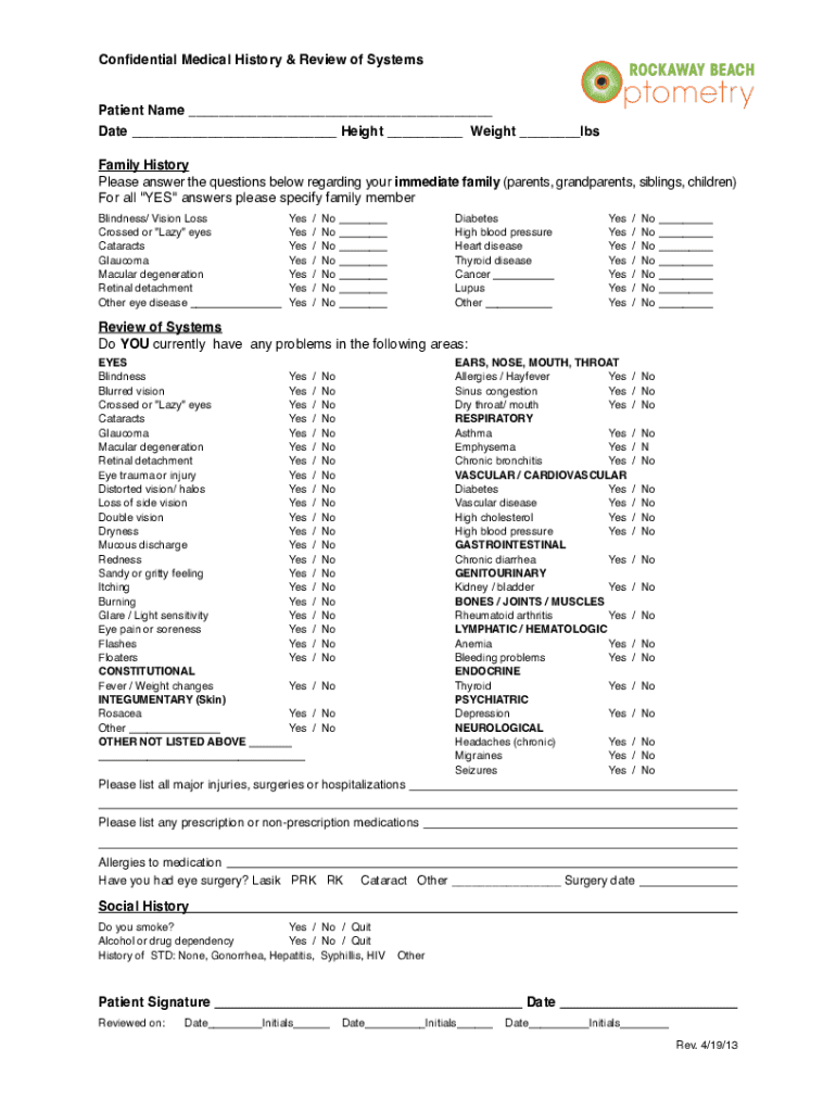 Fillable Online Confidential Medical History & Review of Systems Med hx form Fax Email Print