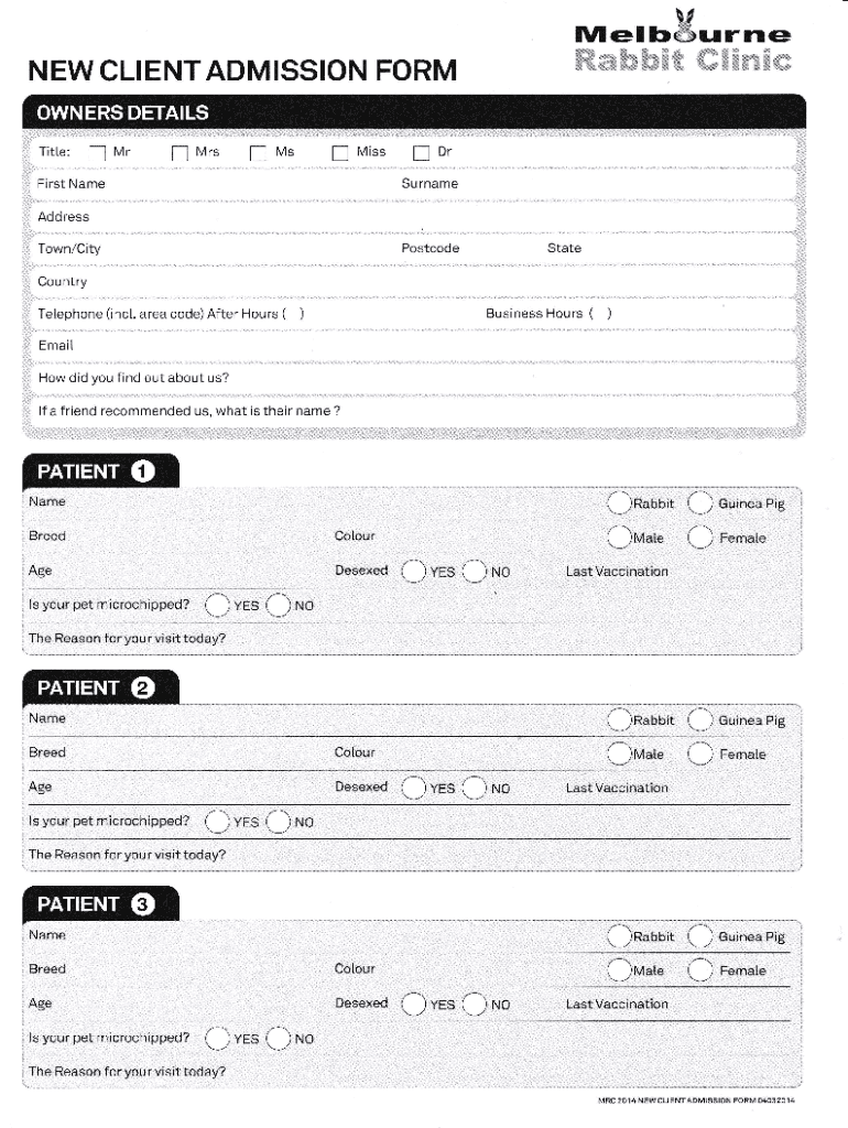 Fillable Online PDF to download new client questionnaire Melbourne Rabbit Clinic Fax Email