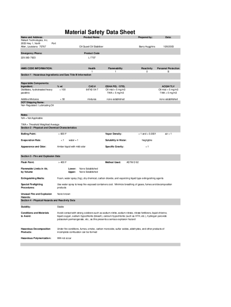 Fillable Online Oil Guard Oil Stabilizer MSDS form.xls Fax Email Print ...