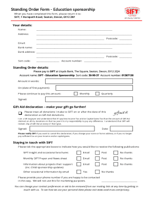SIFT - Education Sponsorship Standing Order form 2018