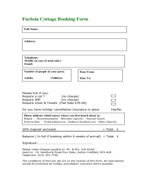 Fuchsia Cottage Booking Form 2015