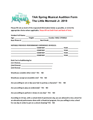 THE LITTLE MERMAID JR. MAIN STAGE Audition Information Form
