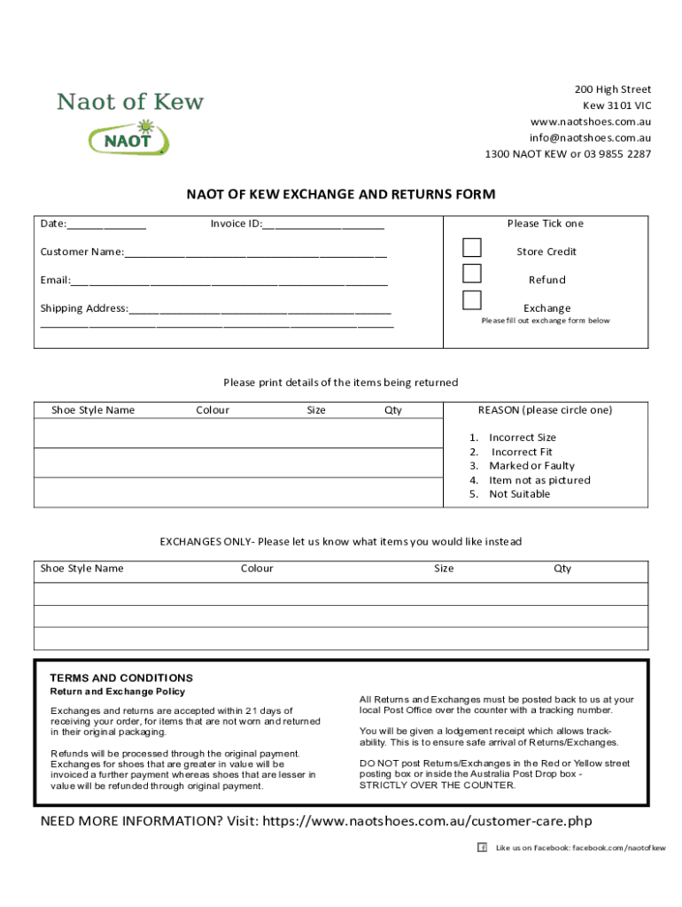 Fillable Online NAOT OF KEW EXCHANGE AND RETURNS FORM Fax Email Print