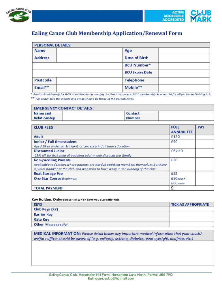 Fillable Online Ealing Canoe Club Membership Application/Renewal Form