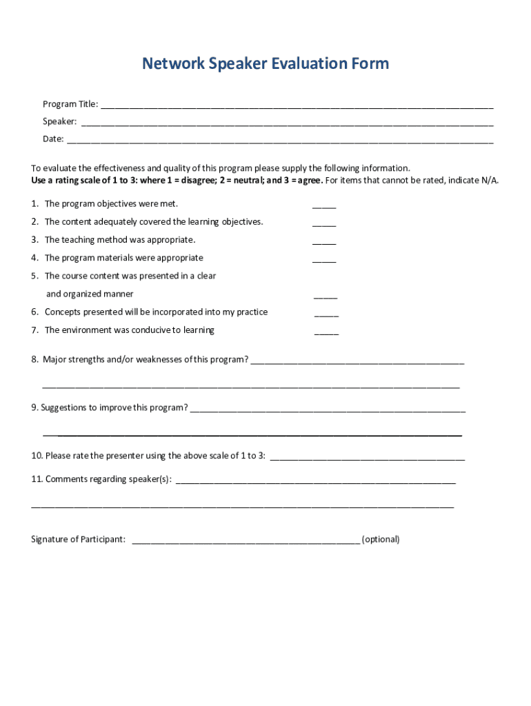 Fillable Online Speaker Evaluation Form TemplateJotForm Fax Email Print pdfFiller