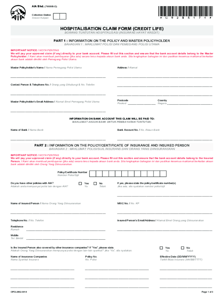 Fillable Online PDF HOSPITALISATION CLAIM FORM (CREDIT LIFE) AIA