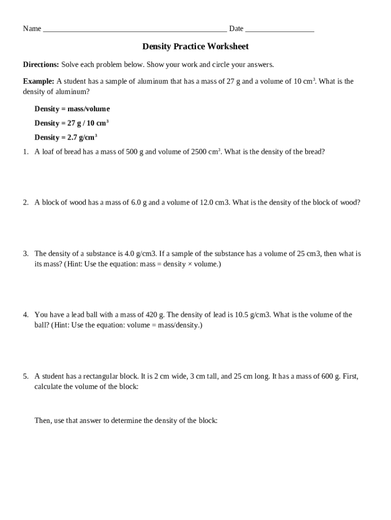 Density Practice Problem Worksheet