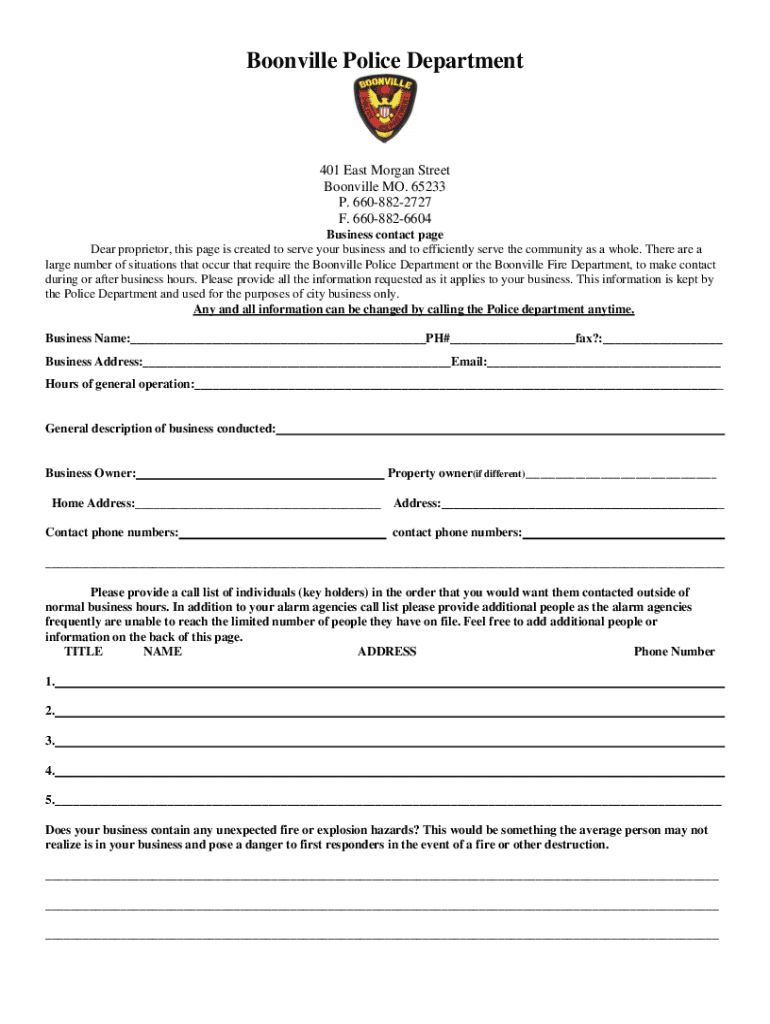 Fillable Online Boonville Police Department, Cooper, MO Police