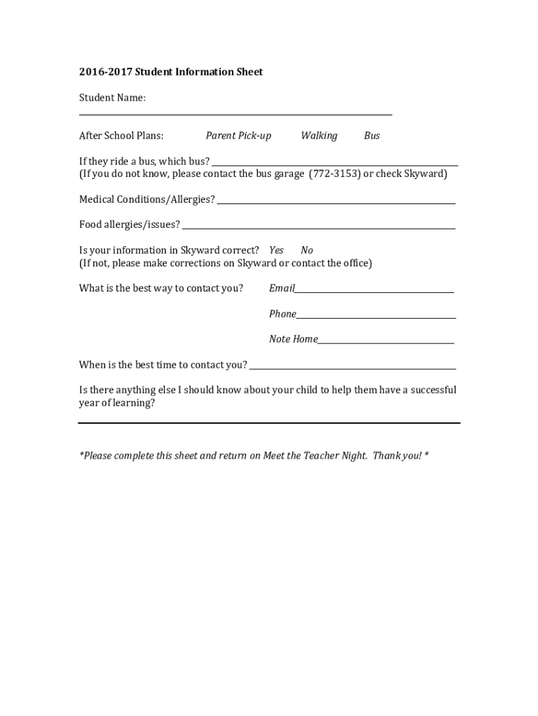 Fillable Online 2016-2017 Student Information Sheet Fax Email Print ...