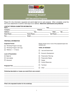 WORKSHOP REQUEST For CPF Educational Programs