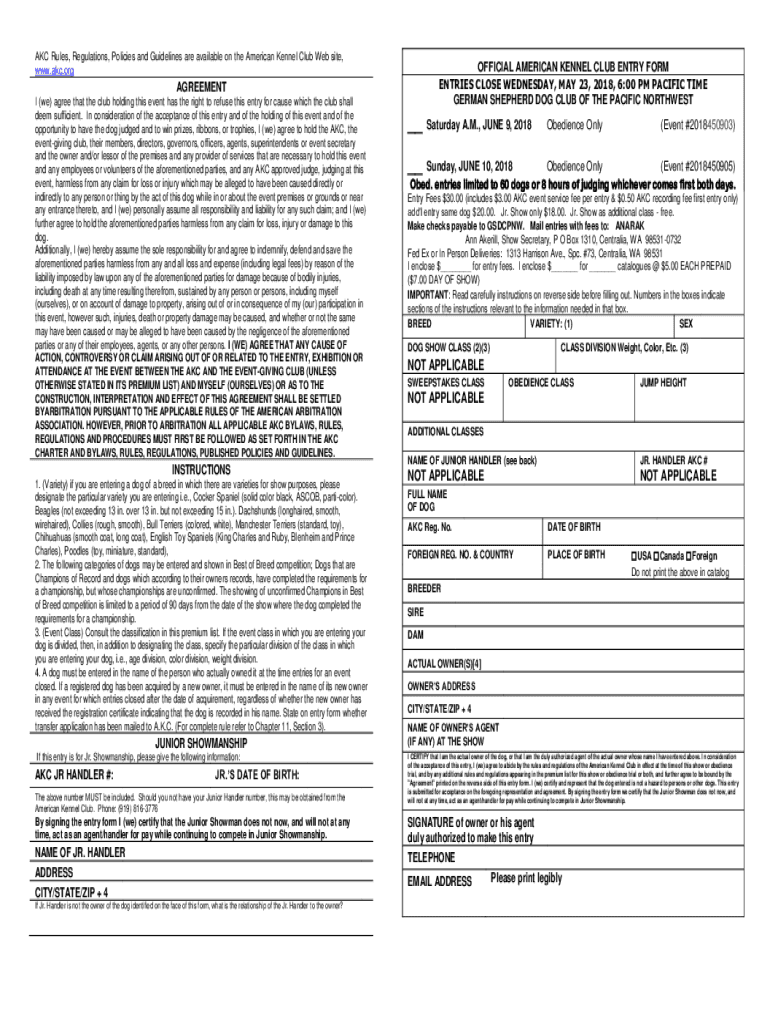 Fillable Online OFFICIAL AMERICAN KENNEL CLUB CONFORMATION ENTRY FORM