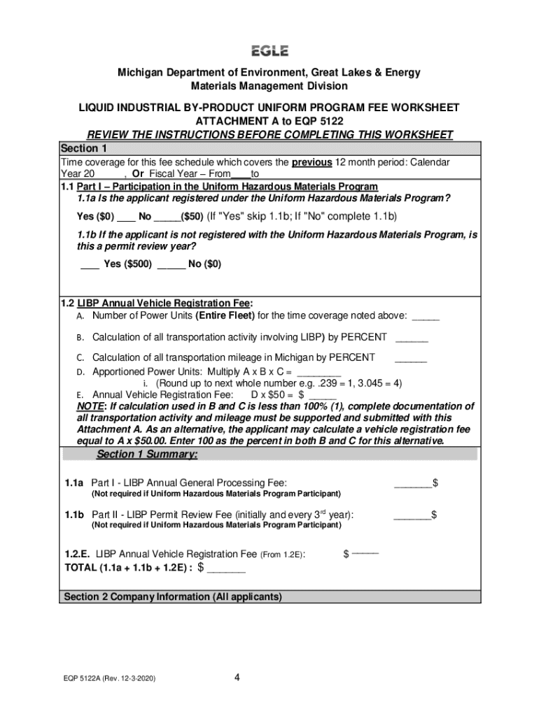 Instructions for Completing Liquid Industrial By-Product Uniform Program Fee Worksheet (Attachment A to EQP5122) Preview on Page 1