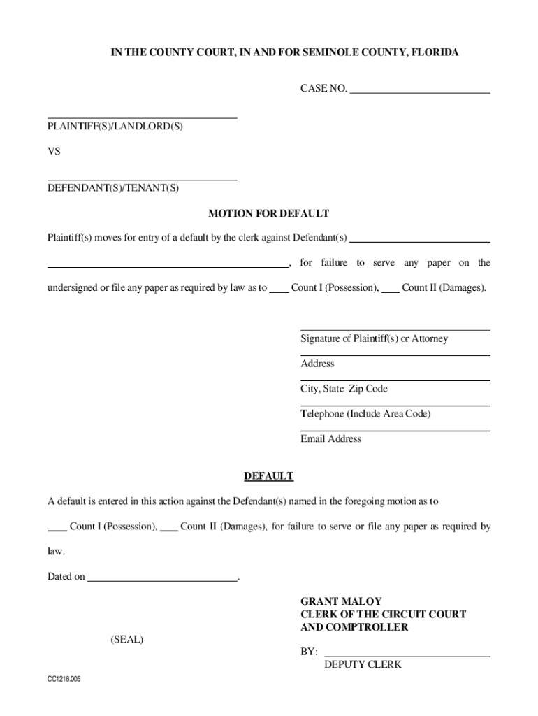 Fillable Online PDF Eviction Motion for Default Seminole County Clerk of Court Fax Email Print