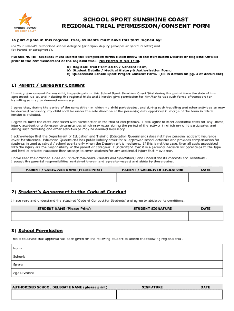 SUNSHINE COAST REGION SCHOOL SPORT REGIONAL TRIAL PERMISSION Preview on Page 1