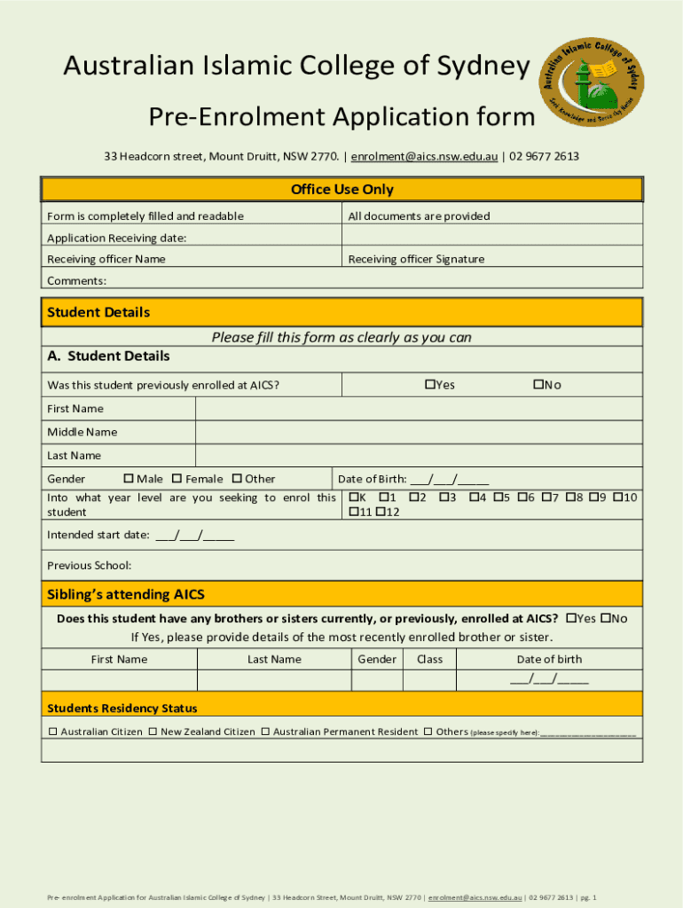 Fillable Online Pre-Application Form. Australian Islamic College of ...