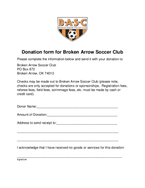 Donation form for Broken Arrow Soccer Club