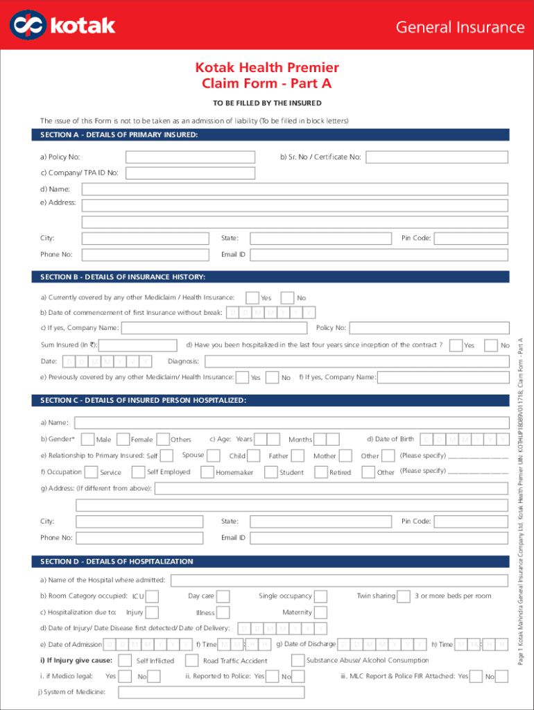 Fillable Online PDF Kotak Health Premier Claim Form Part A Kotak