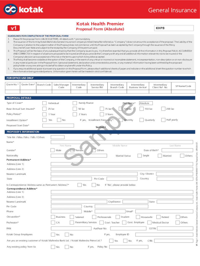 Fillable Online Kotak Health Care Proposal form Premium GO GREEN