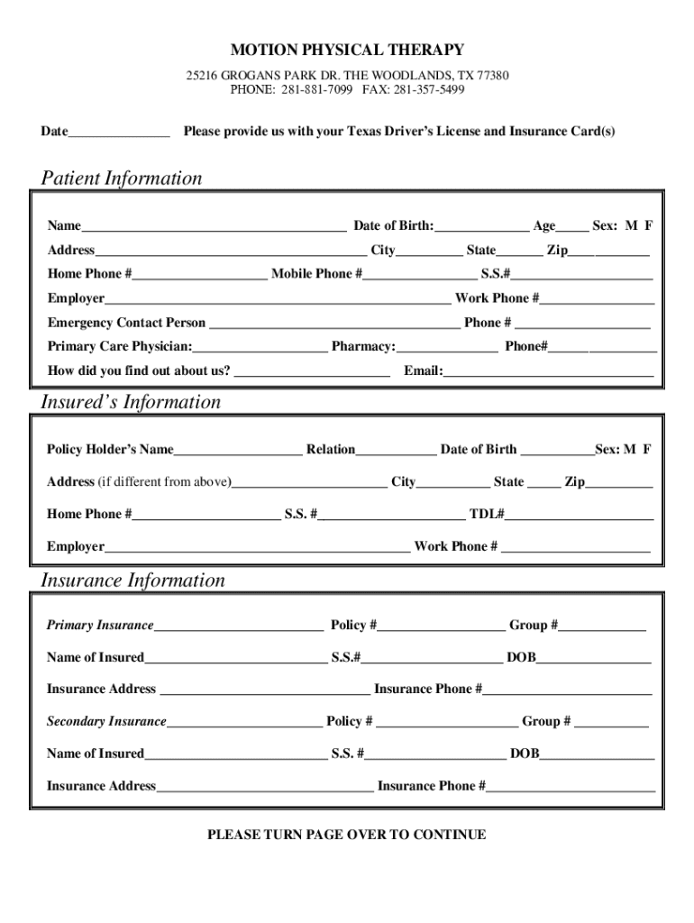 Fillable Online Motion Physical Therapy The Woodlands Physical