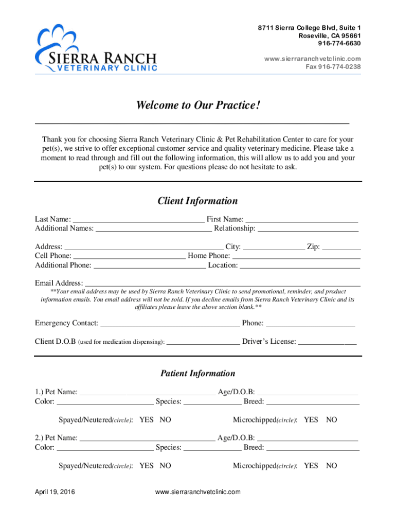 Fillable Online Appointment Request Roseville, CA Veterinarian