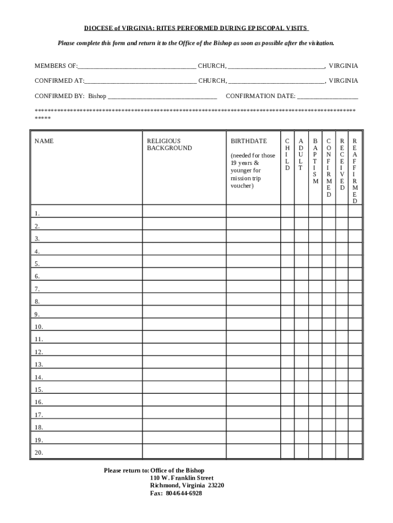 DIOCESE OF VIRGINIA VISITATION CHECKLIST Doc Template | pdfFiller