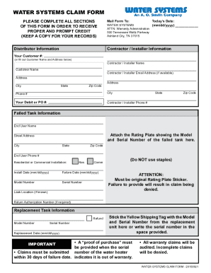 Water Systems Claim Form