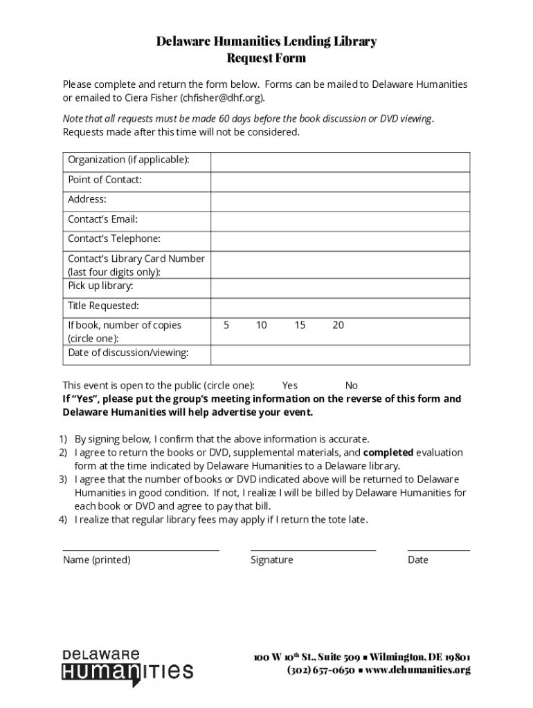 Fillable Online Delaware Humanities Lending Library Request Form Fax