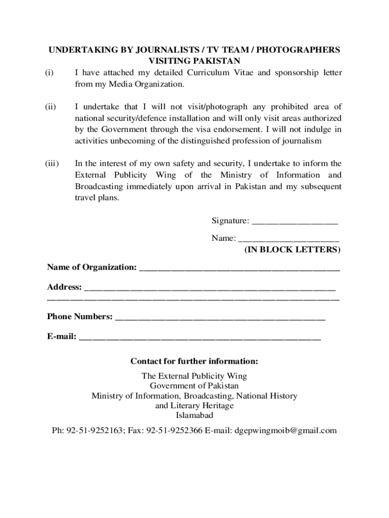 Visa application for Media - Embassy of Pakistan, Washington D C Preview on Page 1