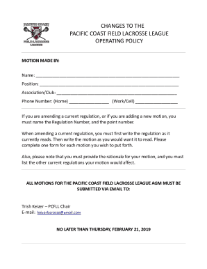 CHANGES TO THE PACIFIC COAST FIELD LACROSSE LEAGUE OPERATING ...