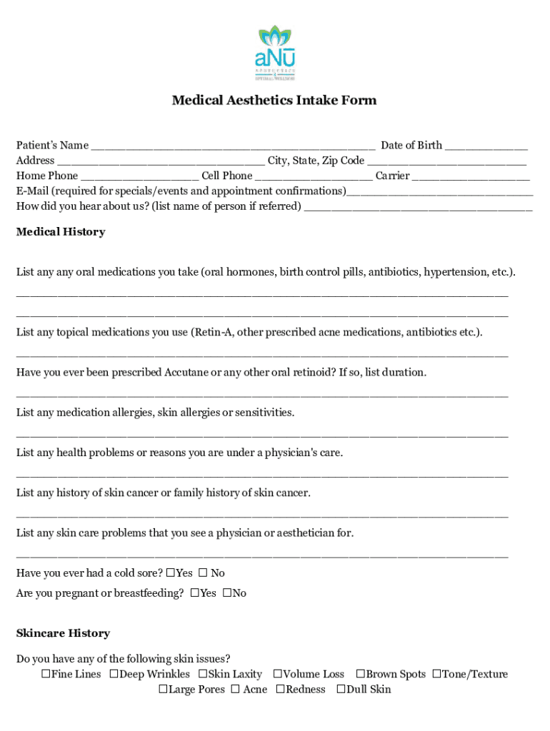 Medical Aesthetics Intake Form Preview on Page 1