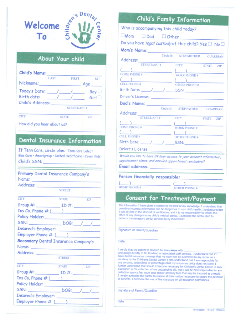 Fillable Online Children's Dental Center 3394 S. Houston Levee