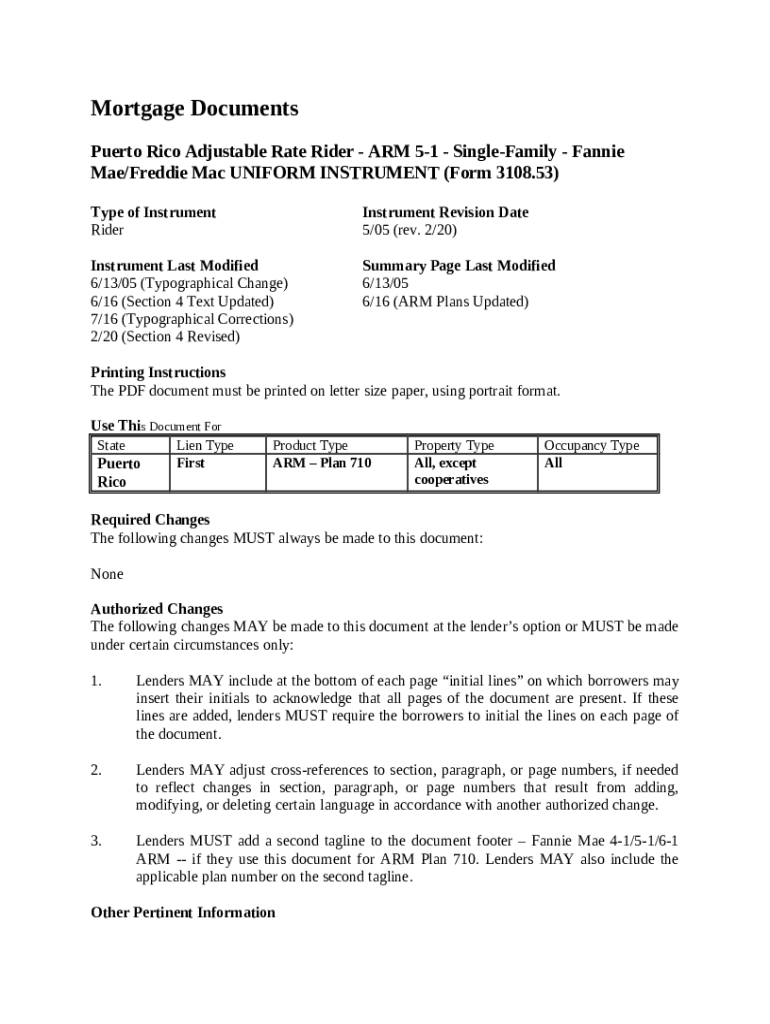 Summary for Puerto Rico Adjustable Rate Rider - ARM 5-1. Summary for ...