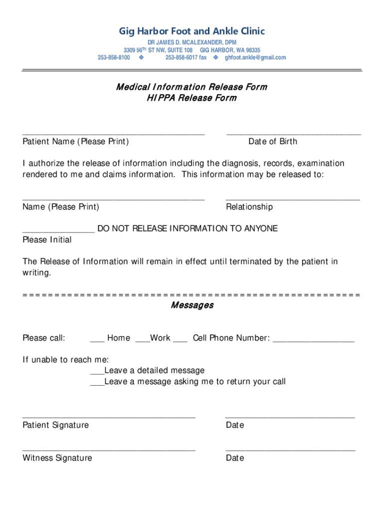 Fillable Online Gig Harbor Foot and Ankle Clinic Dr. James