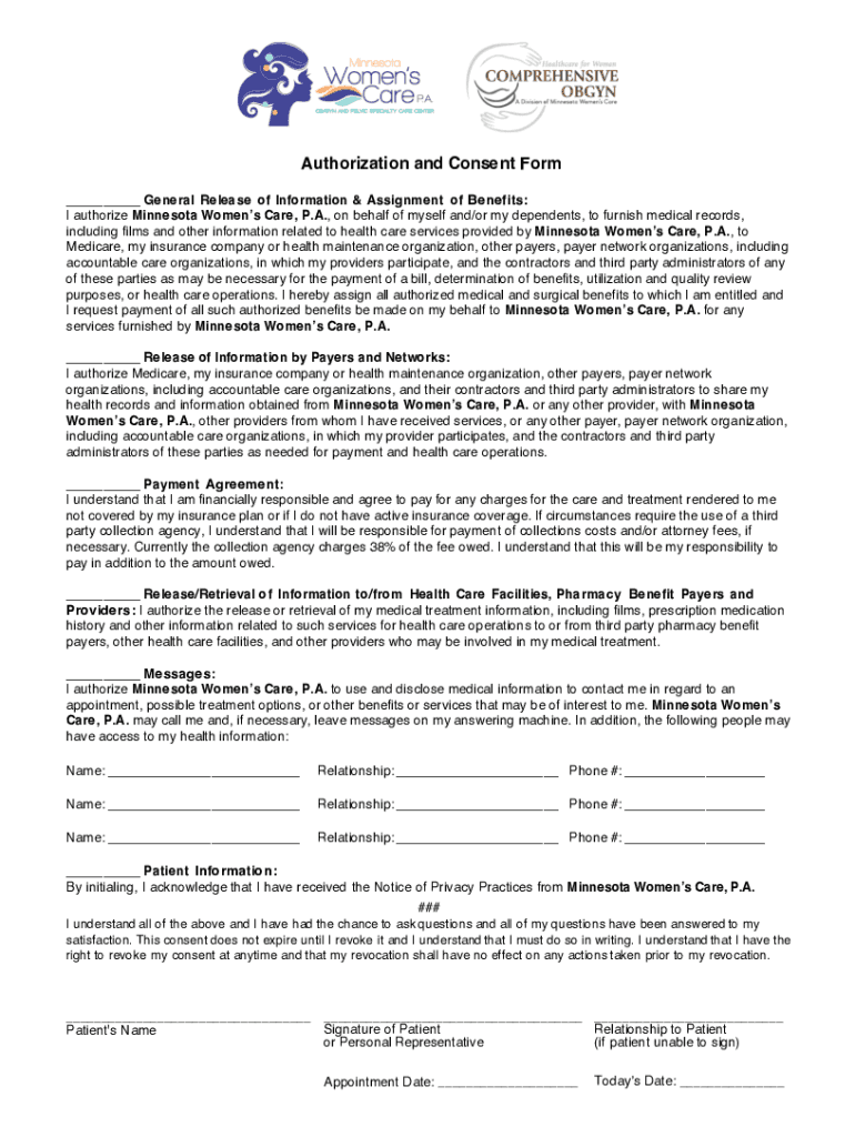 Fillable Online Authorization and Consent Form - Minnesota Women's Care ...